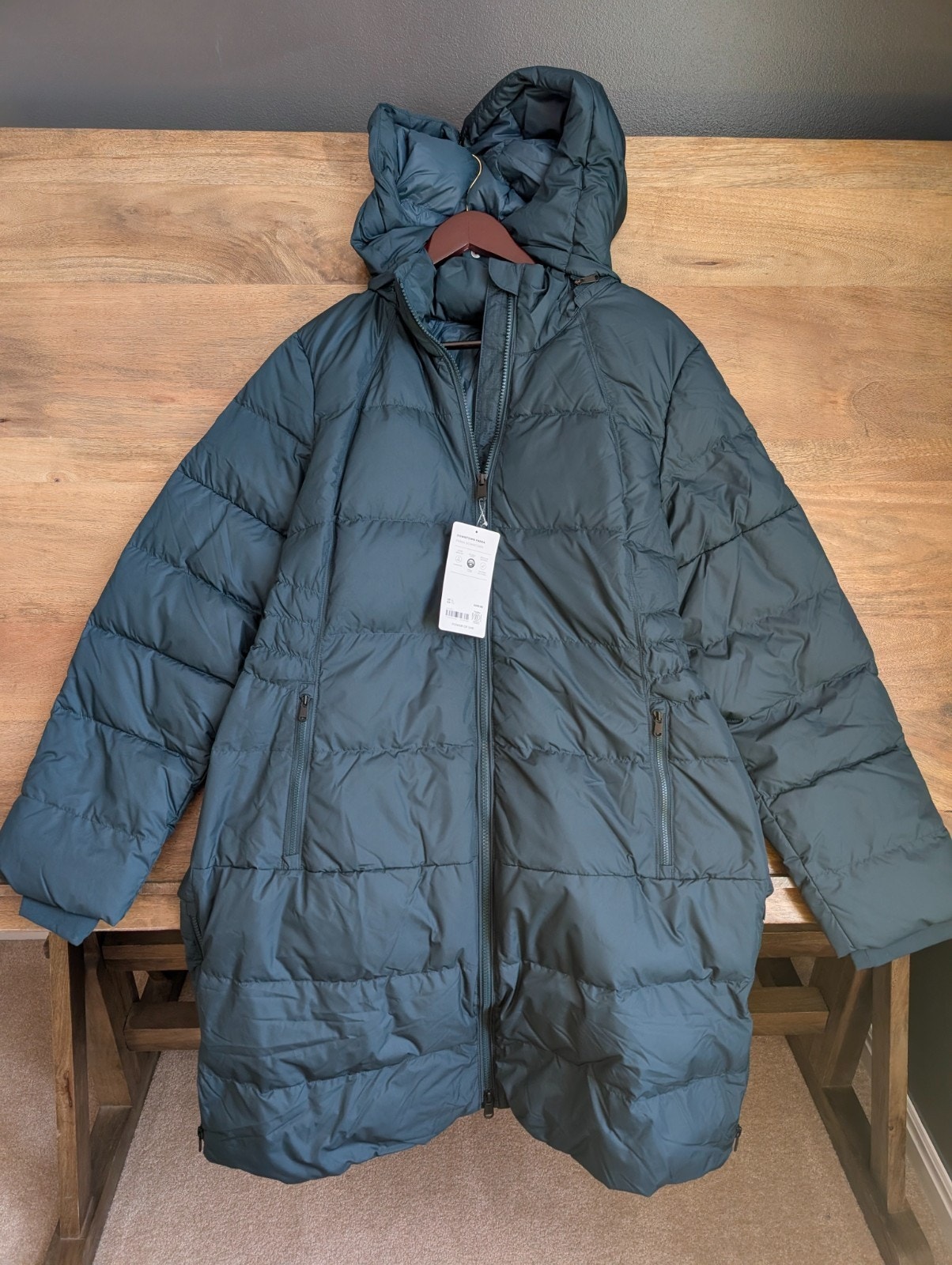 Athleta Downtown Puffer Coat Womens Xl Dark Green Long Sleeve Hooded Zip-Up Nwt